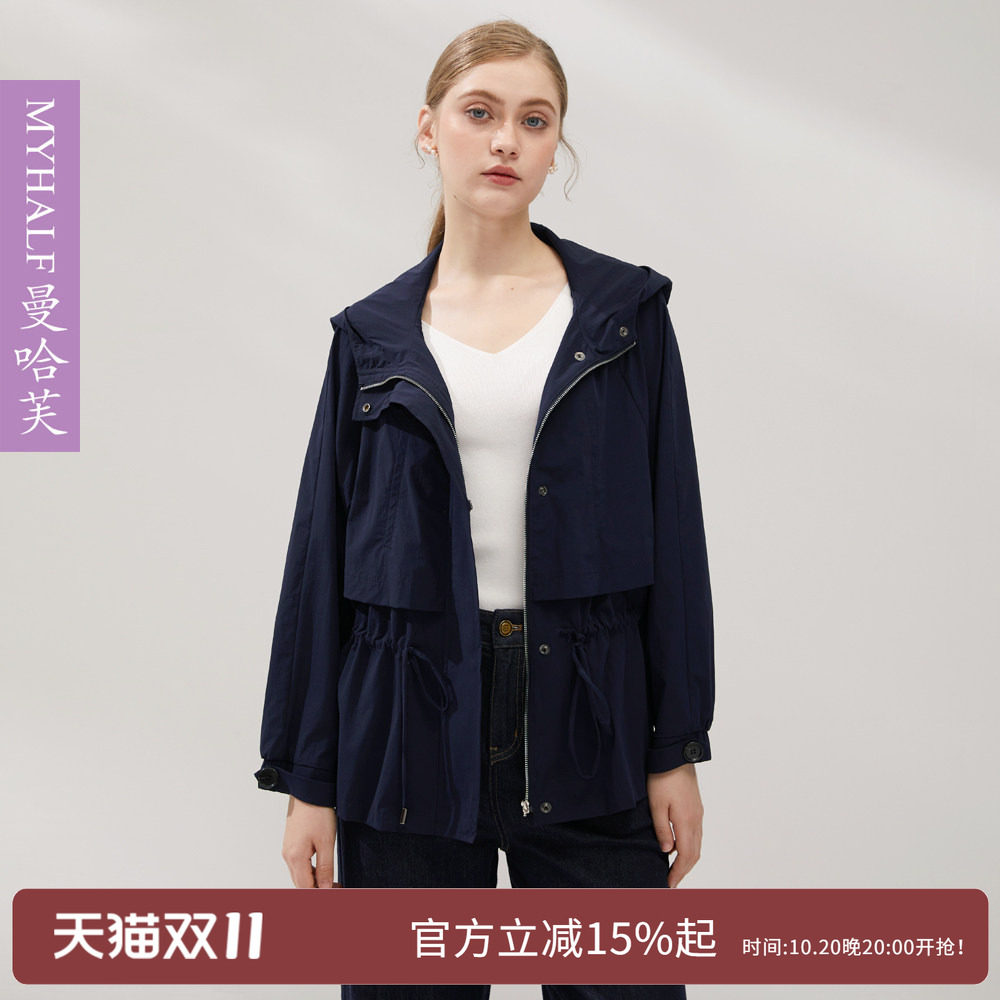 曼哈芙气质韩版连帽短款休闲风衣
