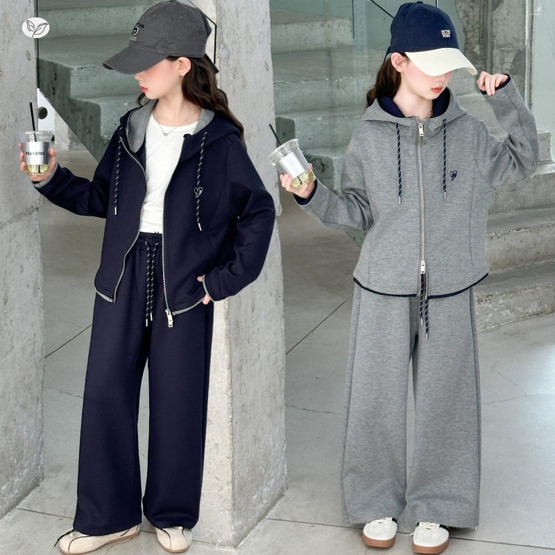女童青少年休闲运动套装2026春季新款连帽卫衣开衫外套两件套