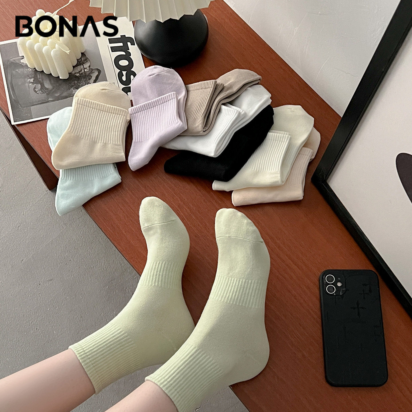 宝娜斯袜子女夏薄款纯色中筒棉袜ins潮糖果色百搭女士夏天短袜