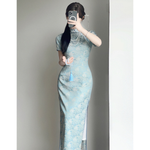 藍色旗袍新款 夏季 年輕款 少女改良日常可穿提花復古連衣裙 2025新款