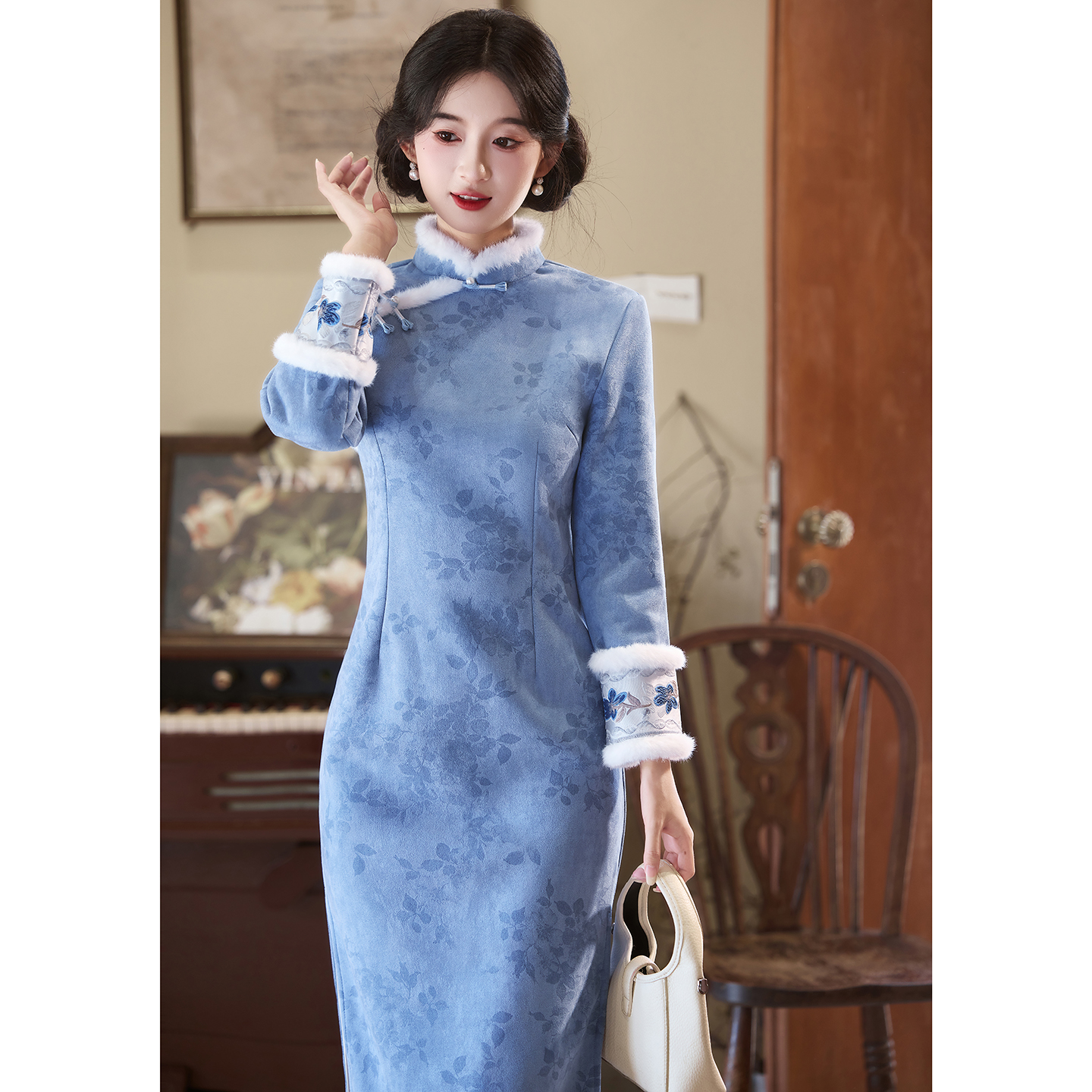 蓝色冬装旗袍女新中式麂皮绒加绒