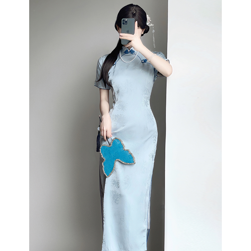 蓝色旗袍夏季日常改良年轻款少女