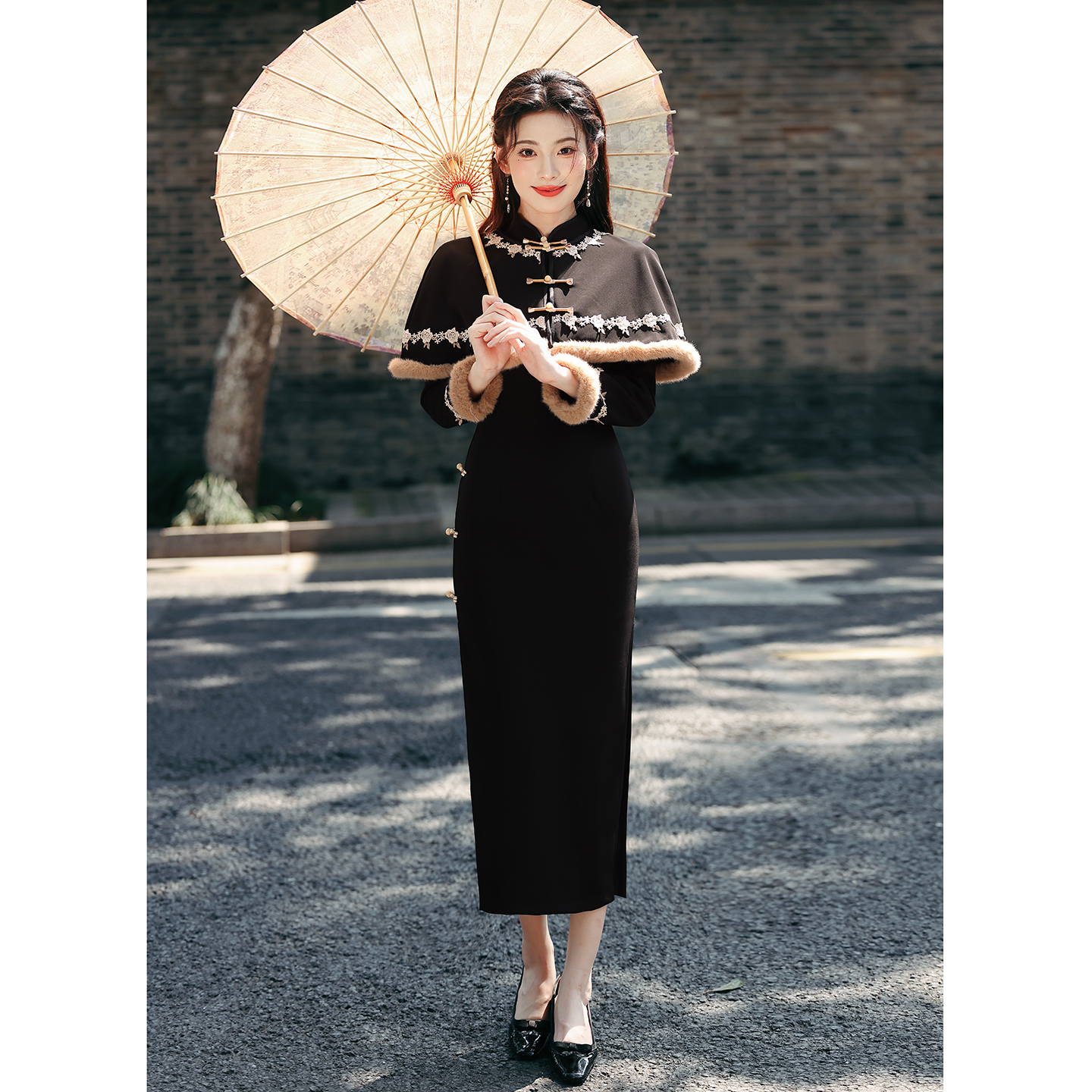 黑色披肩套装针织超柔旗袍女秋冬