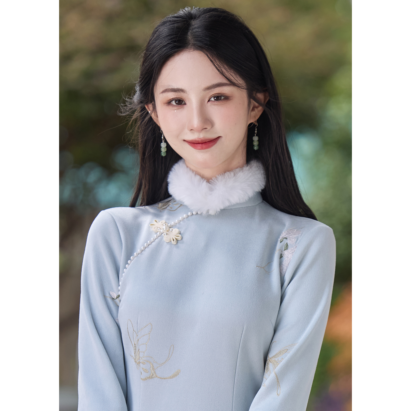 蓝色冬装旗袍女新中式麂皮绒加绒