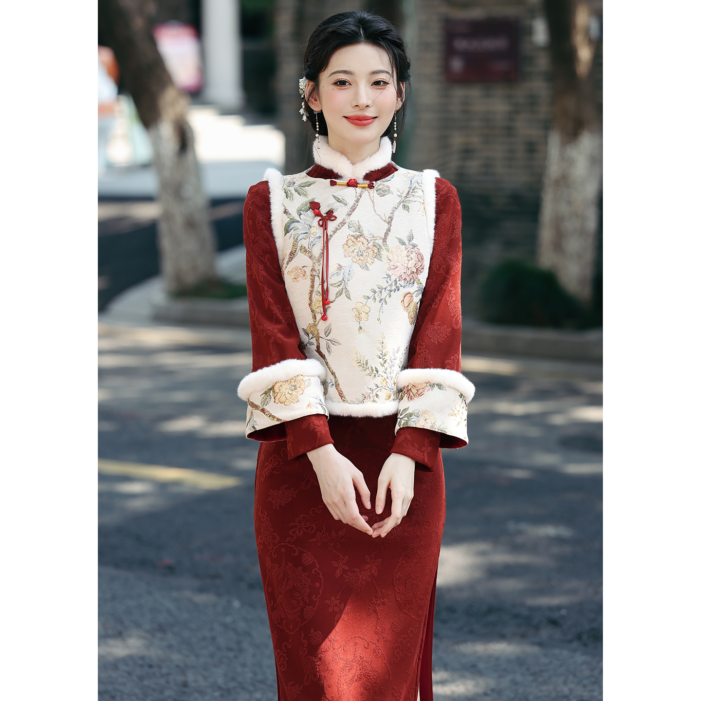 红色秋冬拜年服马甲新中式旗袍