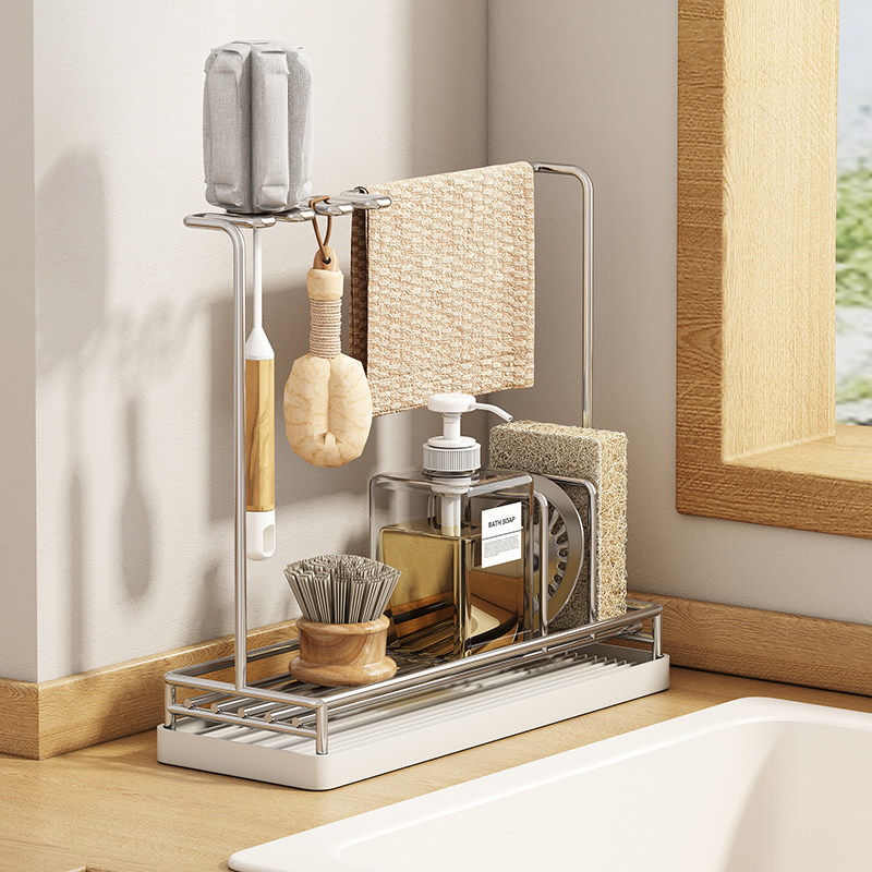 304不锈钢厨房小户型窄抹布架家用台面水槽旁置物海绵沥水收纳层