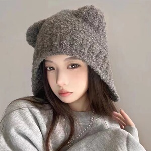 可爱小熊帽子女秋冬2023新款大头围保暖毛线帽毛绒护耳针织包头帽