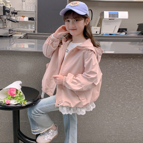 女童春装外套2026新款儿童洋气女孩春秋季连帽蕾丝边夹克甜美上衣