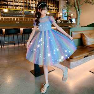 女童裙子夏2025新款中大童儿童彩虹纱裙亮片公主裙六一表演连衣裙