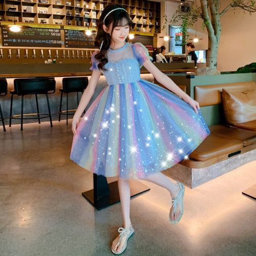 女童裙子夏2025新款中大童儿童彩虹纱裙亮片公主裙六一表演连衣裙