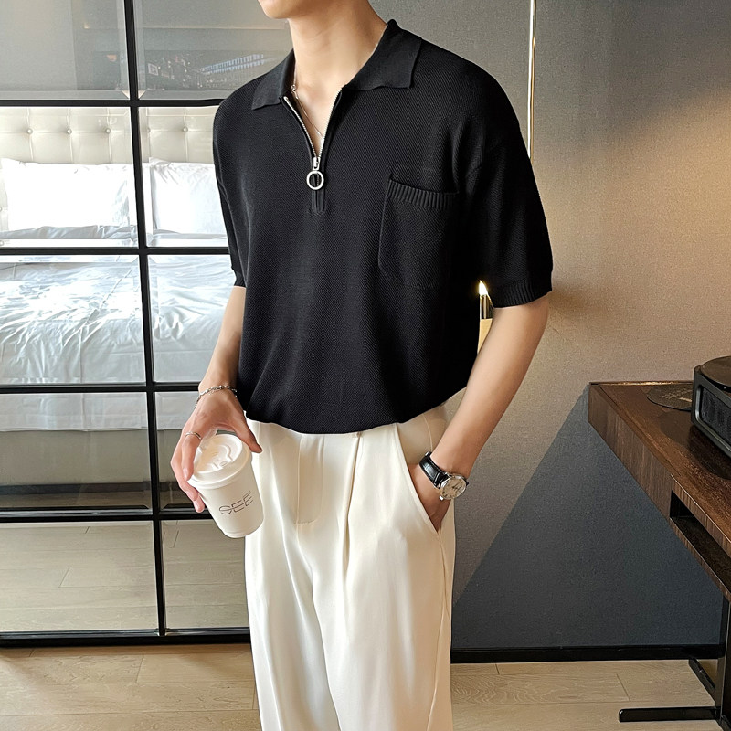 夏季针织polo衫短袖冰丝型男半袖t恤宽松针织衫黑B285-392P78,男装T恤,电商B285