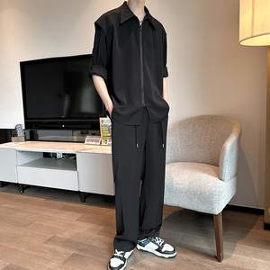 抖音品质春夏两穿韩版痞帅衬衫冰丝套装潮流西裤白B285-Tz701P120图片