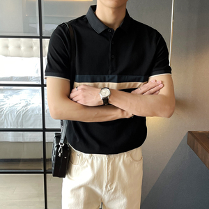 夏季新款潮牌拼接男士polo衫短袖修身半袖t恤卡其A312-371P58图片