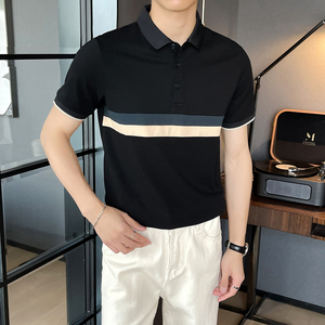 夏季新款潮牌拼接男士polo衫短袖修身半袖t恤白A312-371P58图片