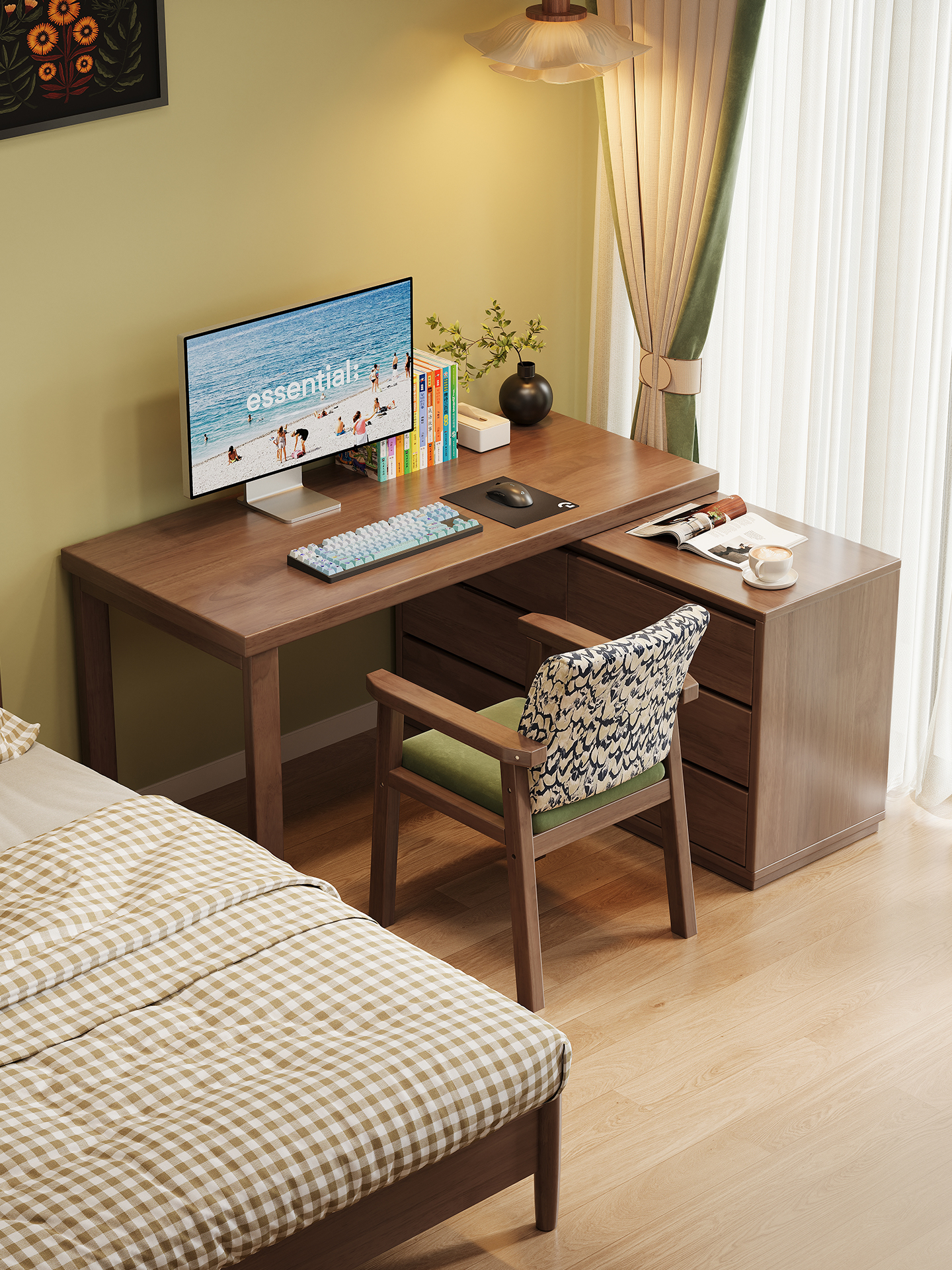 福岚加厚纯实木转角书桌斗柜组合小户型卧室家用伸缩电脑桌大板桌