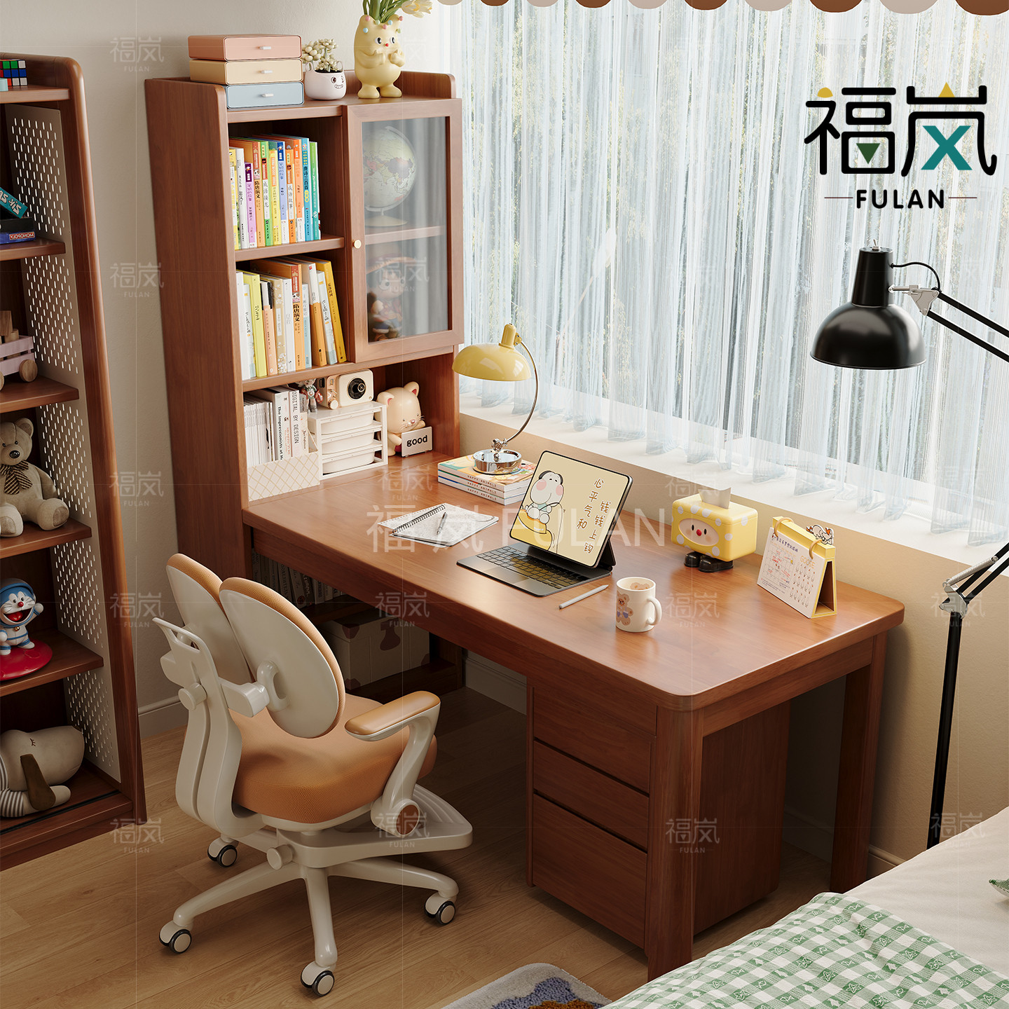 福岚儿童学习桌纯实木转角书桌书架一体学生家用课桌小户型电脑桌图片