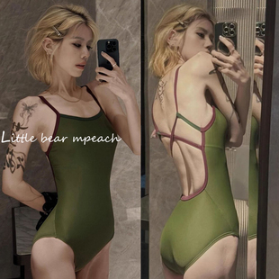 性感露背温泉竞速游泳装 新款 绿色三角连体泳衣女士游泳馆专用韩版