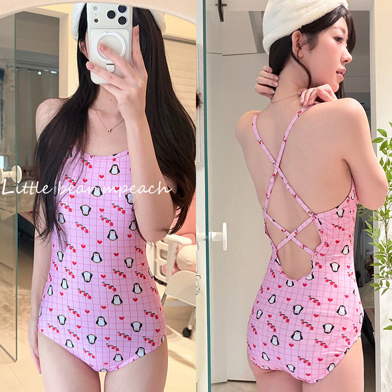 可爱性感三角连体露背竞速低叉泳衣女韩版粉色双层带胸垫温泉泳装