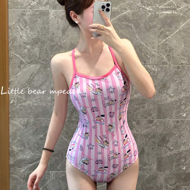 甜美卡通印花连体竞速泳衣女游泳馆专用小胸显瘦遮肚竞技少女泳装