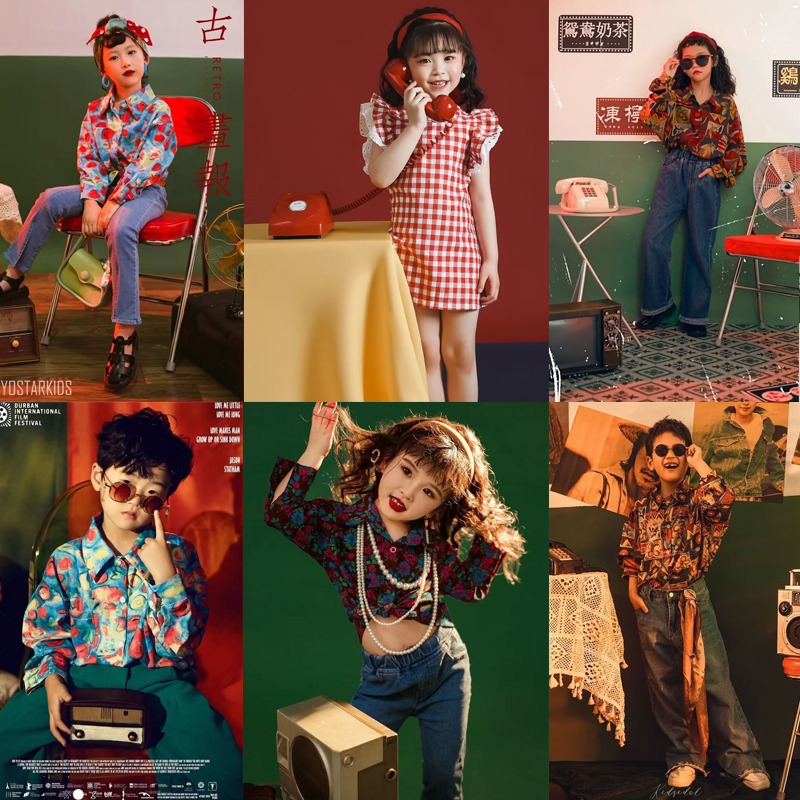 小红书儿童红色旗袍格子复古港风古老90摄影服饰汉服中国风61表演