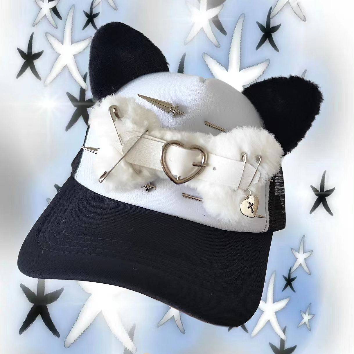 y2k亚比风夸张骨头猫耳棒球帽朋克金属穿刺重工亚文化铆钉鸭舌帽