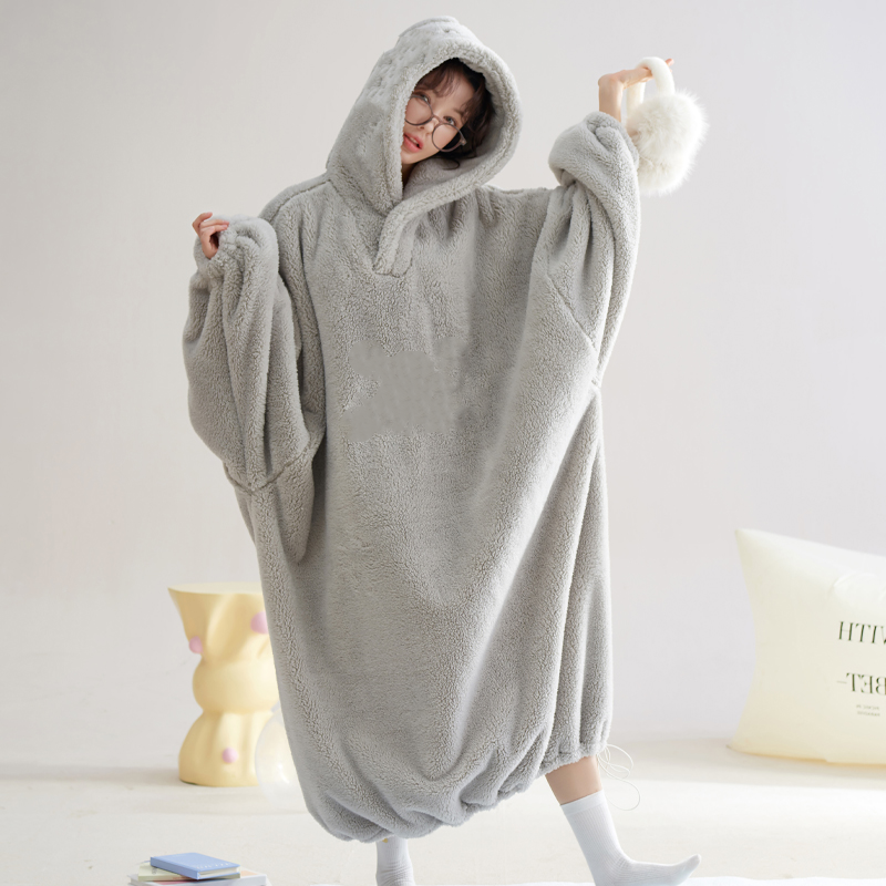 超大长毛绒韩版珊瑚绒睡衣女裙子秋冬睡裙长款浴袍家居服加厚加肥