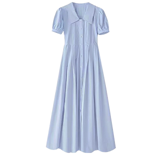 孕妇连衣裙夏2026新款蓝色Polo领宽松遮肚显瘦薄款短袖衬衫中长款