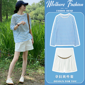 休闲条纹宽松圆领薄款 2026新款 长袖 防晒衫 两件套 孕妇套装 短裤 夏季