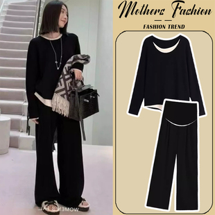 黑色潮妈洋气针织拼接毛衣裤 时尚 子两件套女 秋冬2025新款 孕妇套装