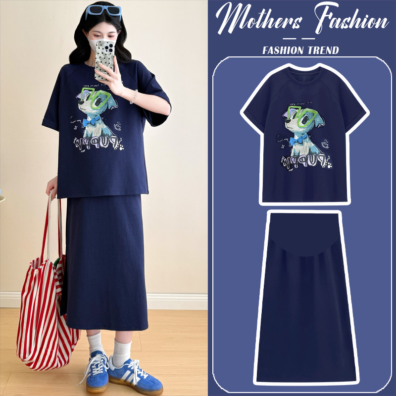 孕妇连衣裙套装夏季2025新款藏青