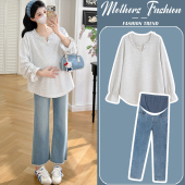 两件套女 灰色V领宽松减龄荷叶边上衣牛仔裤 孕妇套装 春秋2026新款