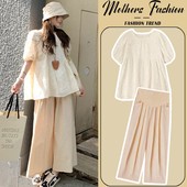 上衣裤 孕妇套装 子两件套女 时尚 蓝色圆领甜美减龄短袖 夏季 2026新款