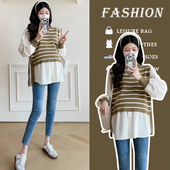 上衣牛仔裤 孕妇套装 绿色条纹拼接圆领长袖 时尚 两件套 春秋2026新款