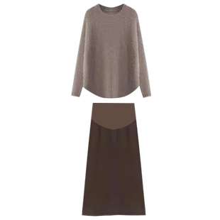 孕妇连衣裙套装时尚洋气时髦咖色毛衣半身裙两件套2025新款春秋冬