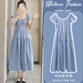 薄款 中长款 时尚 方领蓝色飞飞袖 女 减龄宽松2026新款 孕妇连衣裙夏季