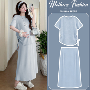 孕妇连衣裙蓝色套装夏季薄款2026新款高级感显瘦上衣半身裙两件套