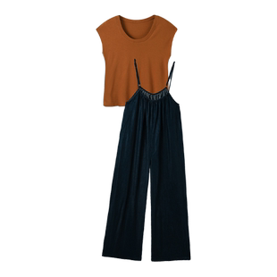 孕妇套装夏季2026新款韩系桔色圆领短袖薄款宽松上衣背带裤两件套