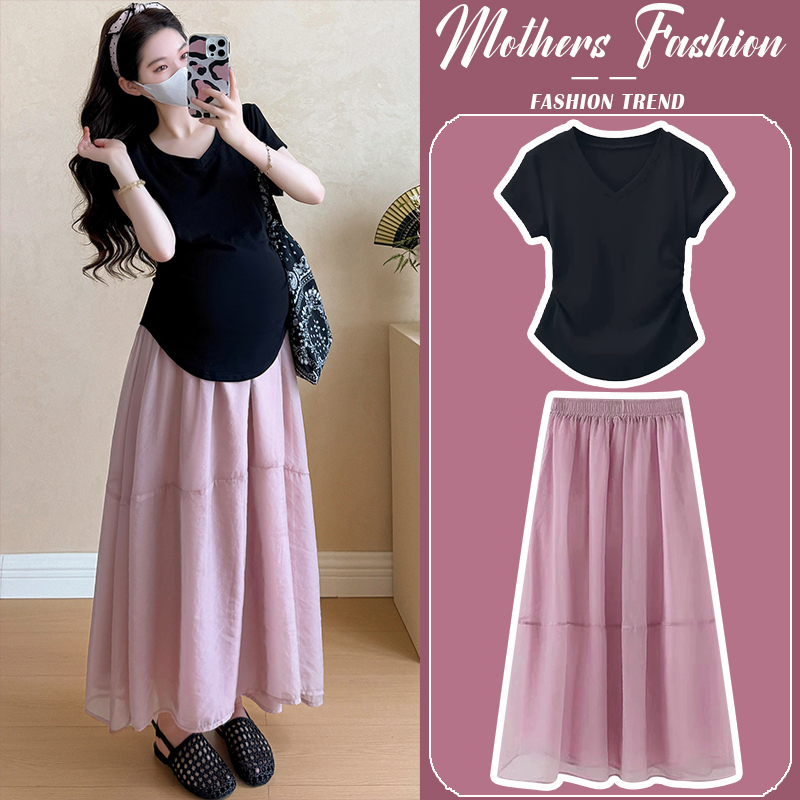 孕妇连衣裙套装夏季2025新款黑色
