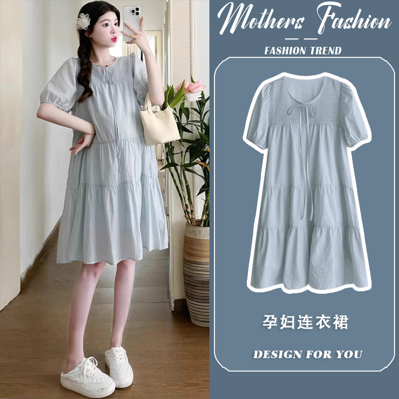 孕妇连衣裙夏季2025新款法式浅蓝