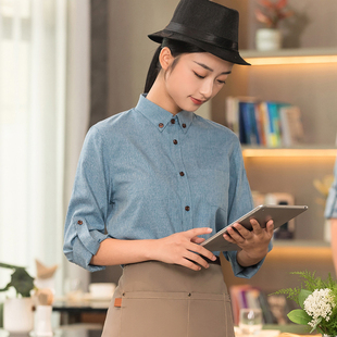 高端酒店餐饮服务员工作服长袖衬衣秋冬装烘焙蛋糕火锅店前厅工衣