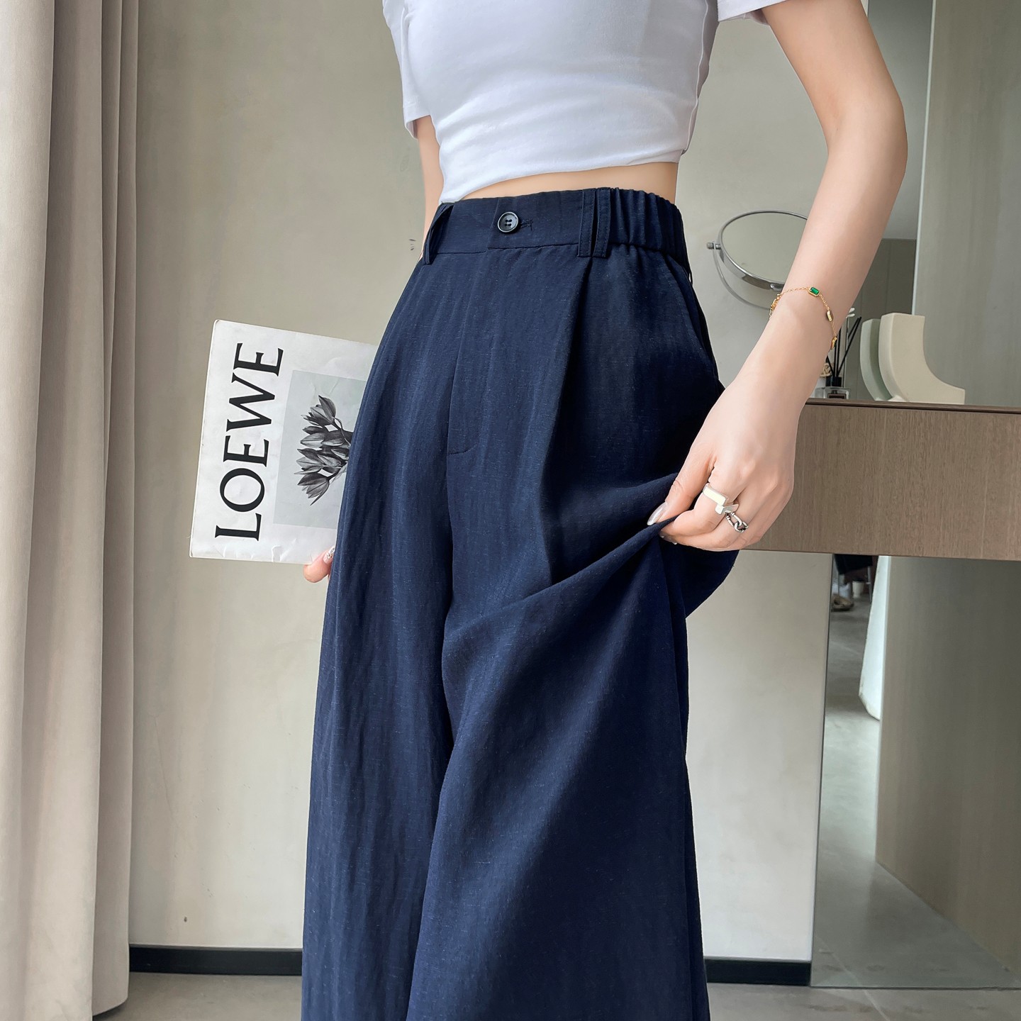 藏蓝色亚麻裤子女款夏薄