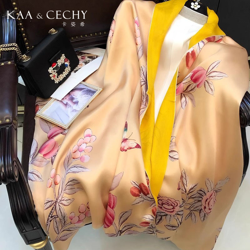 KAACECHY真丝丝巾女2025新款金色外搭围巾长款旗袍披肩礼盒送妈妈