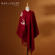酒红色牡丹刺绣围巾保暖两用气质围脖 KAACECHY纯羊毛大披肩女款