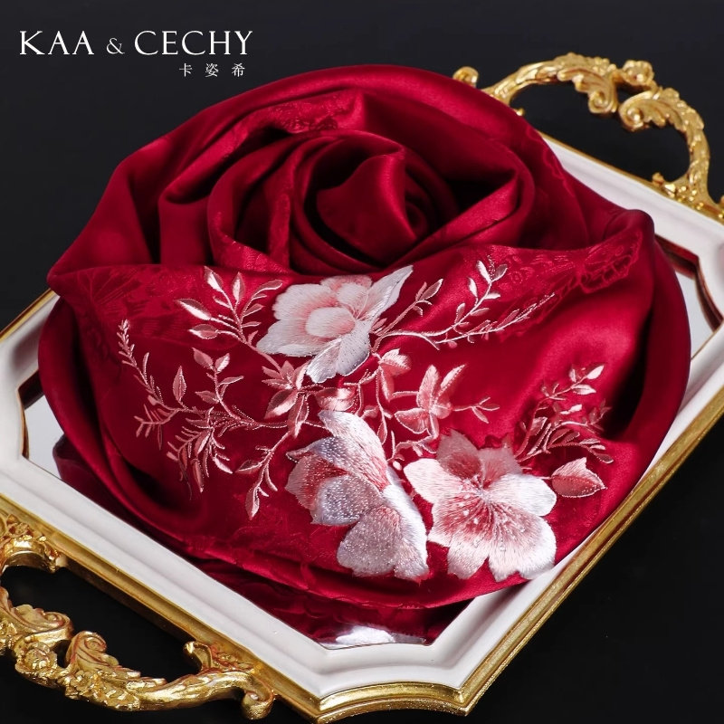 KAACECHY真丝丝巾女新款高档气质中国风刺绣本命年红色桑蚕丝围巾