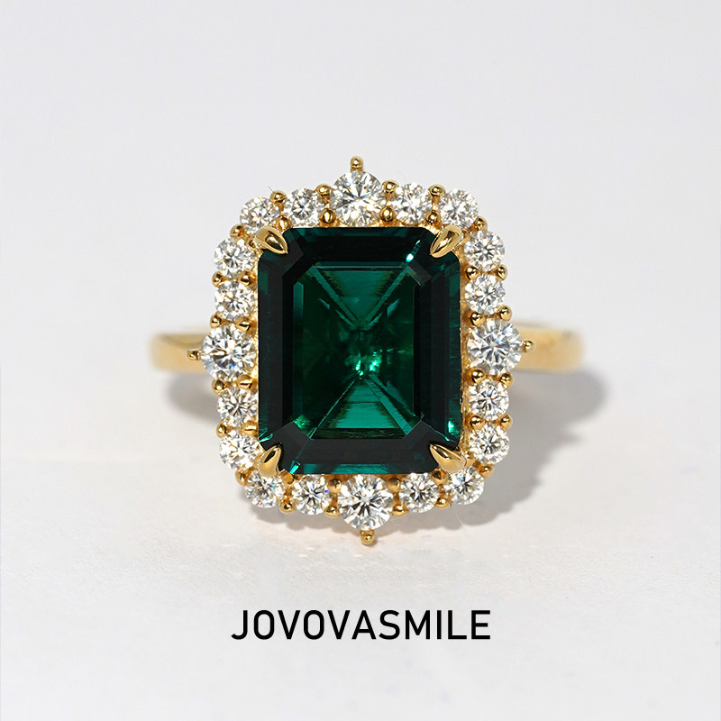 5克拉祖母绿戒指镶嵌莫桑欧美风18k黄金女戒配戒可刻字定制