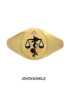 风象星座天秤座戒指印章钻石尾戒18k纯金12星座主戒定制刻字钻戒