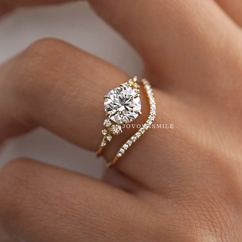 JOVOVASMILE镶嵌莫桑石波浪个性定制情侣配戒小众黄金指环戒圈