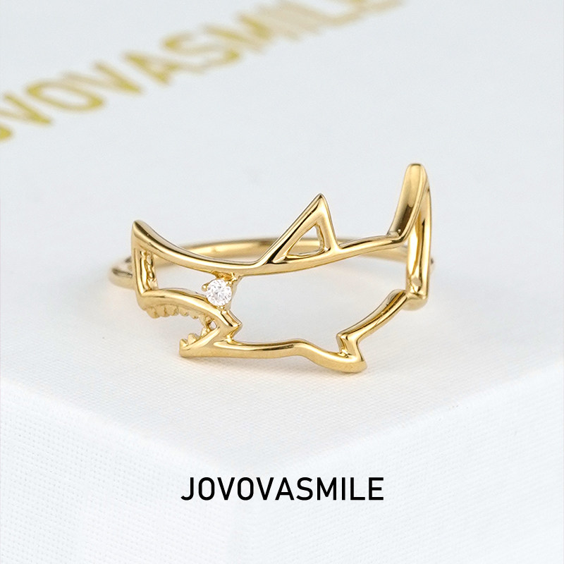 鲨鱼形状简笔画系列钻戒指18k黄金镶钻石时尚原创个性设计图案女