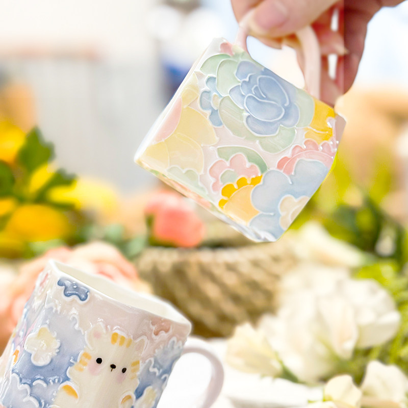 景德镇陶瓷万花杯高颜值网红喝水杯手工定制单把手六棱咖啡下午茶