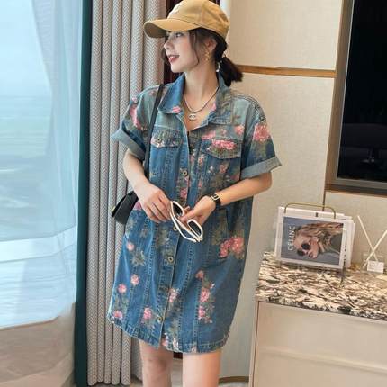 欧货大码胖mm300斤牛仔连衣裙女夏季宽松复古印花连体直筒衬衫裙